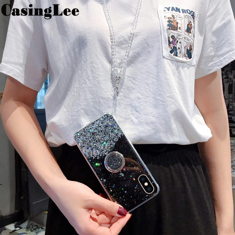 Casinglee for Samsung Galaxy A70 case Shiny Ring Glitter Soft Transparent Holder Stand Back cover with String for Samsung A70 Phone cases cover Stars Moon Girls. 