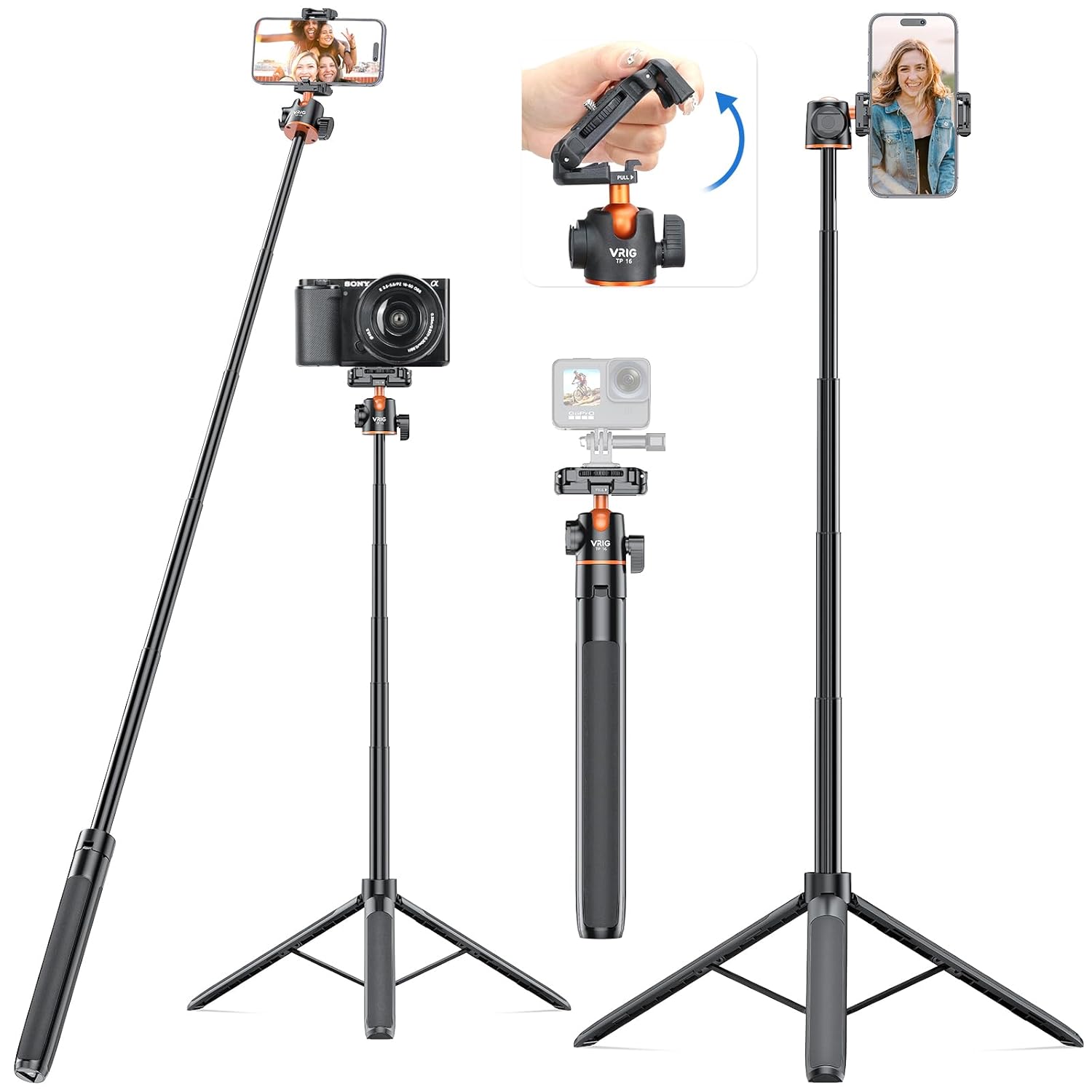 VRIG TP16 Camera Tripod, 55 inch Extendable Phone Selfie Stick Camera Tripod Stand with 2 in 1 Phone Clip, 5 Levels Adjustment 360° Ball Head Loads Up for iPhone Sony Canon GoPro. 
