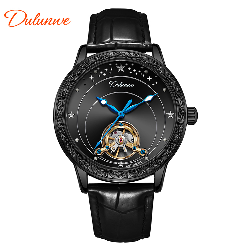 Dulunwe brand fashionable business luxury business stainless steel leather strap waterproof automatic mechanical men's watch