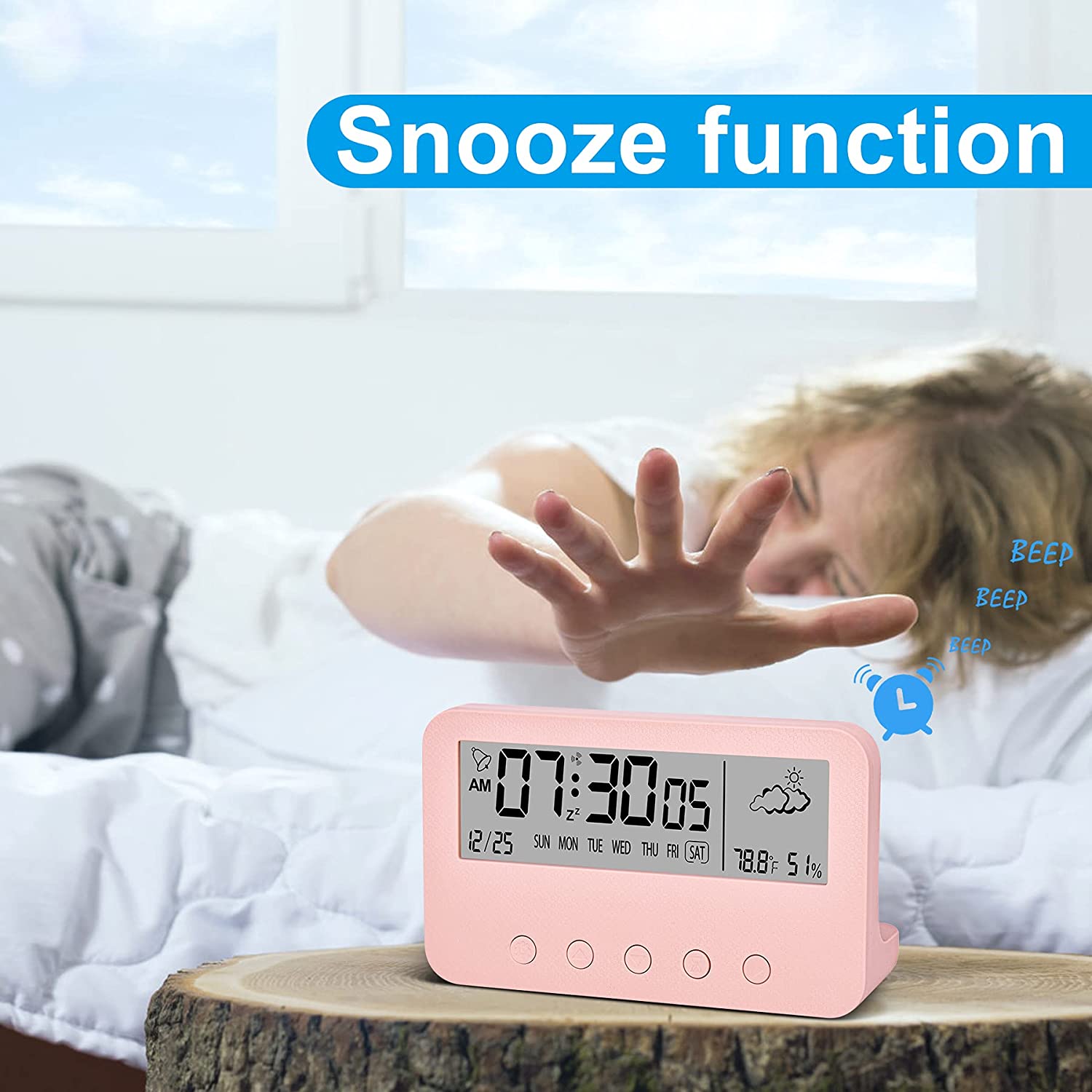 Digital Alarm Clock for Bedrooms,Battery Operated Desk Clock, (Pink). 