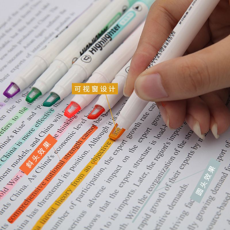 Window highlighter, crystal pen nib, student focus marker, macaron, clear head, 6 color double ended highlighter