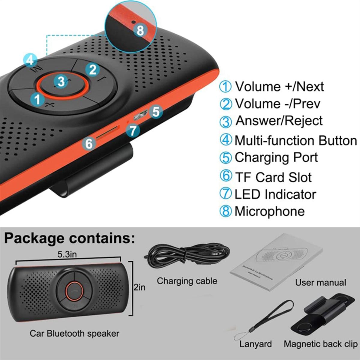 Car Bluetooth Speaker for Handsfree Talking, Wireless Car Music Player with Visor Clip