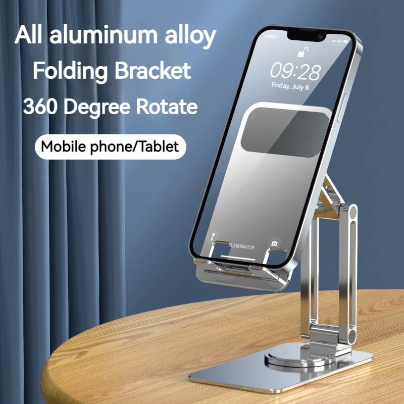 360 rotate Aluminum mobile and tablet stand: Adjustable, Compact, and Universally Compatible. 
