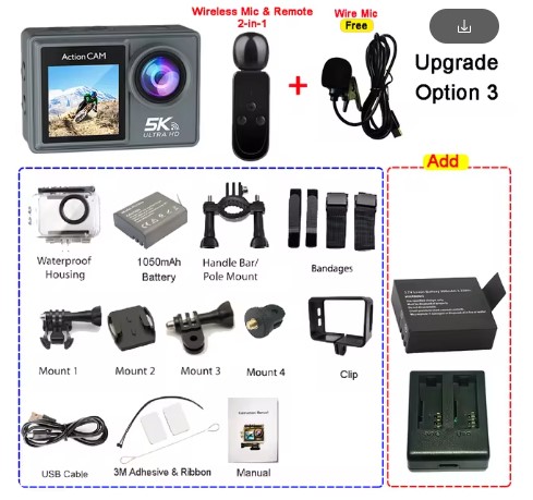 5K 4K60FPS Action Camera Dual IPS Touch LCD DVR EIS 170° 30M Waterproof 5X Zoom Sport Camera With Wireless Mic&Remote Control