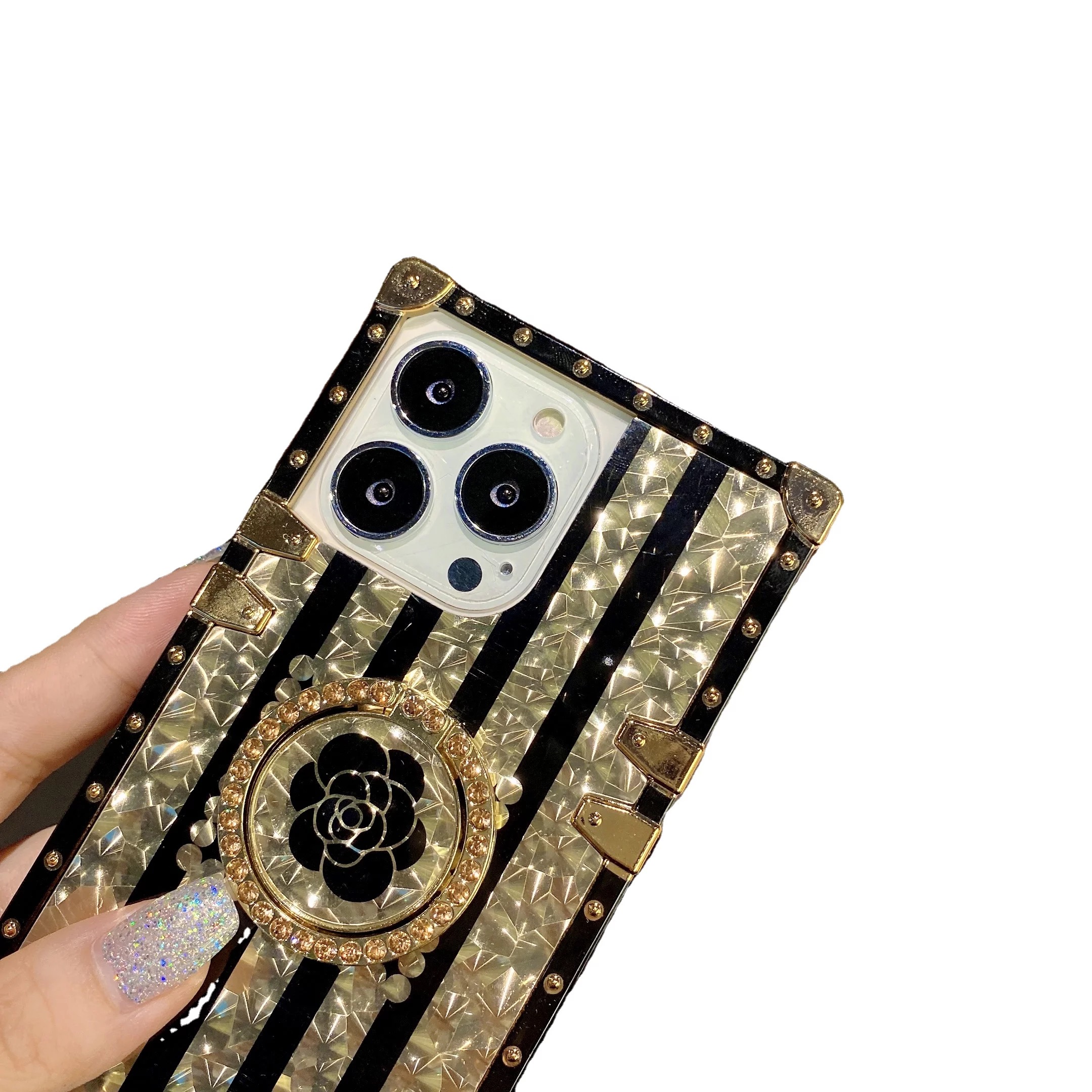 iPhone 12 pro max Luxury soft phone case with golden ghost flower ring for iPhone, compatible models. 