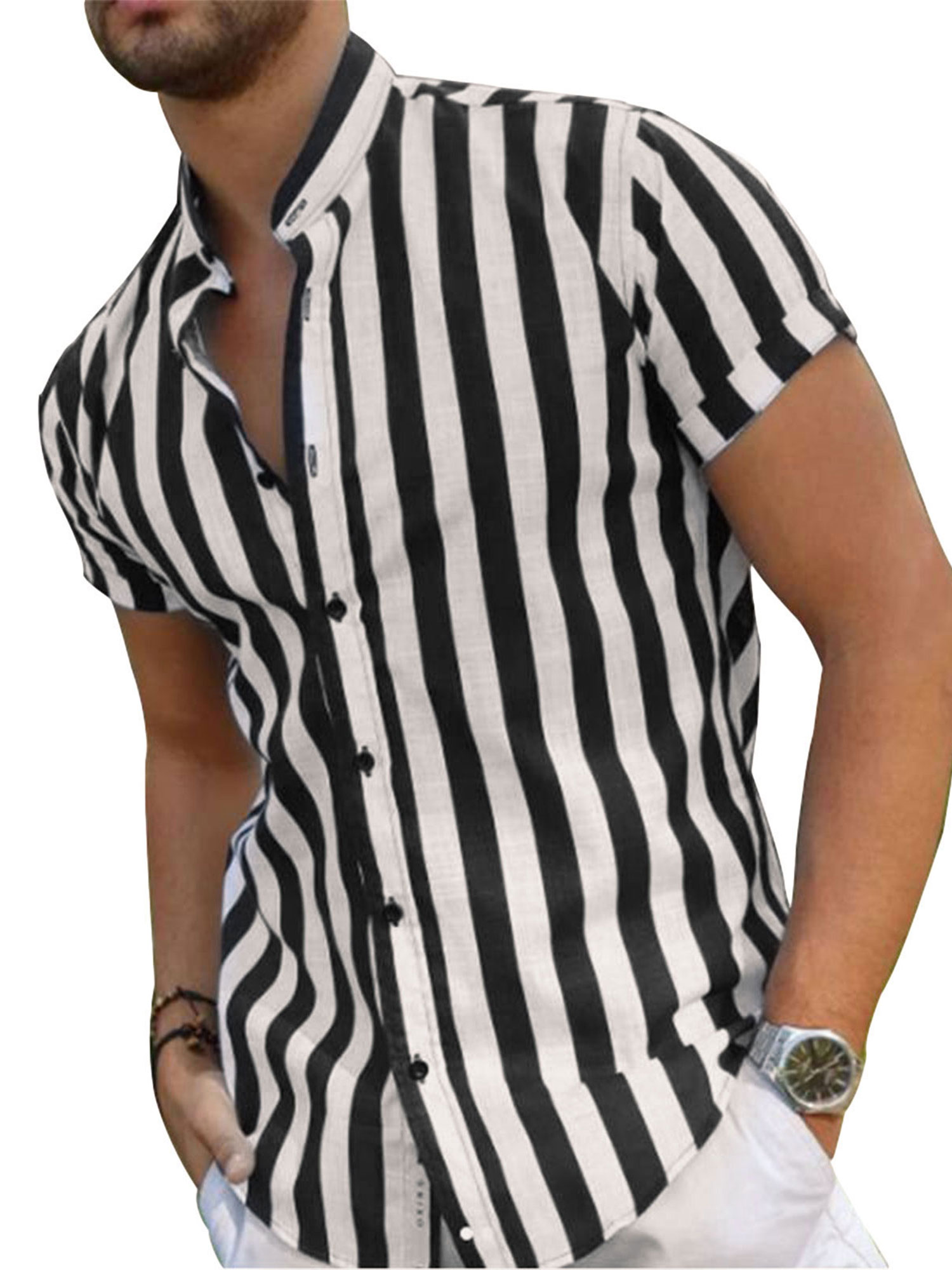 Men's Summer Casual Short-sleeved Shirt Fashion Stripe Printing Stand  Collar Loose Tops: Buy Online at Best Prices in Bangladesh | Daraz.com.bd