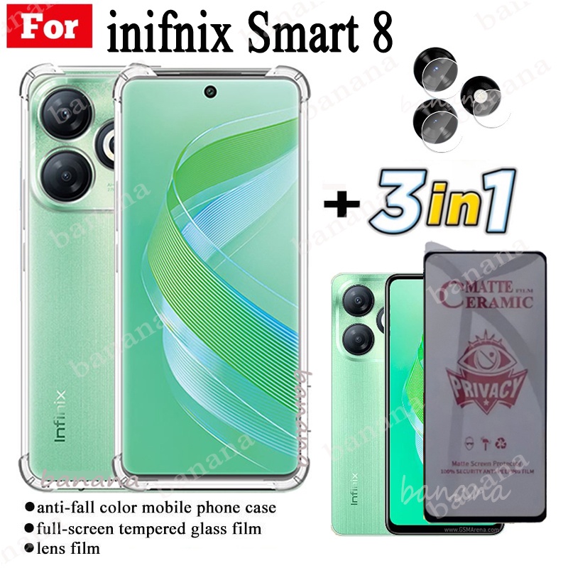 3 in 1 infinix Smart 8 Shockproof Phone Case for Tecno POP8 Spark Go 2024 Spark 20 20C TPU Soft Silicone Casing Cover and Anti Spy Soft Ceramic Matte Privacy Tempered Glass