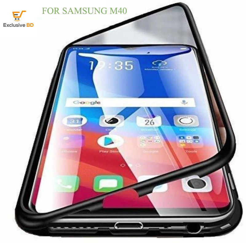 For Samsung Galaxy M40 Magnetic Adsorption Metal Bumper Slim Tempered Glass Cover 2 In 1 Aluminum Frame Magnet Adsorption Shell
