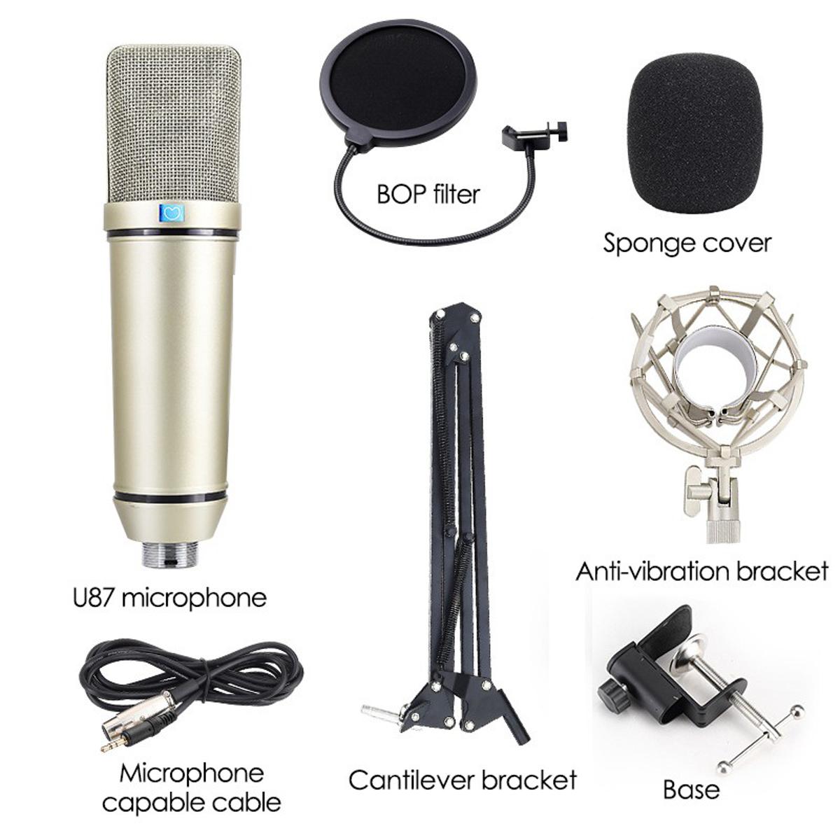 Professional Studio Record Condenser Microphone U87 With Shock Mount, Stand, holder, pop Filter,  XLR to 3.5mm Audio cable, Mic Foam For Mobile Computer laptop Gaming Podcast Silver