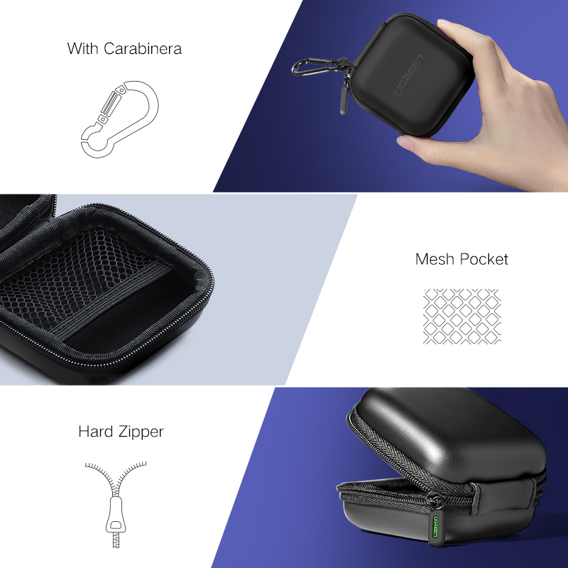 (New) earphone case small headphone hard case carrying bag pouch with Mesk pocket and double zipper for AirPods, in-ear earbuds. 
