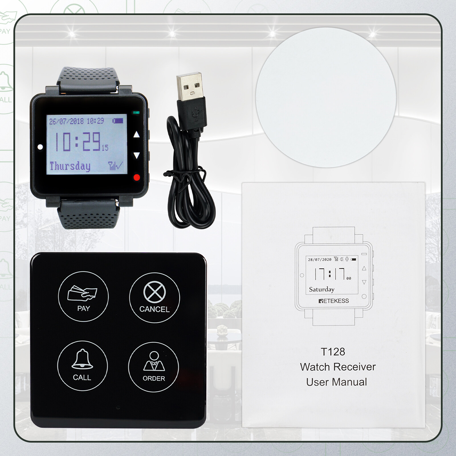 Retekess T128 Restaurant Pager System Waiter Queue Wireless Calling System Rechargeable Watch Pager and TD033 Buttons. 