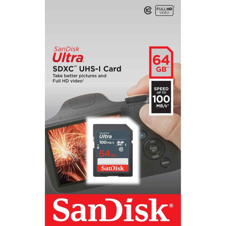 Sandisk 64GB Ultra SDHC Class-10 Memory Card (100MB/s R, 10MB/s W) # SDSDUNR-064G-GN3IN. 