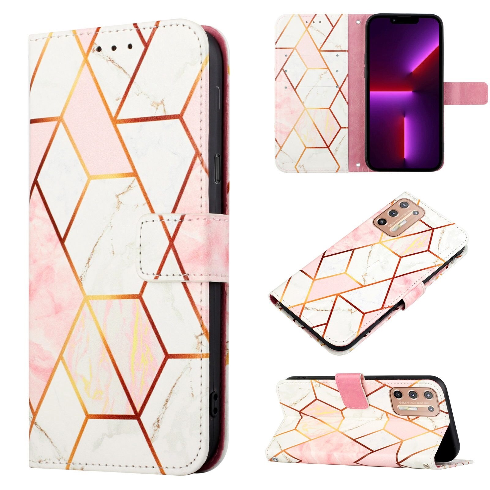 lthmy for Motorola Moto G9 Plus case Marble Pattern PU Leather Wallet Card Slots Flip Stand Cover with Hand Strap