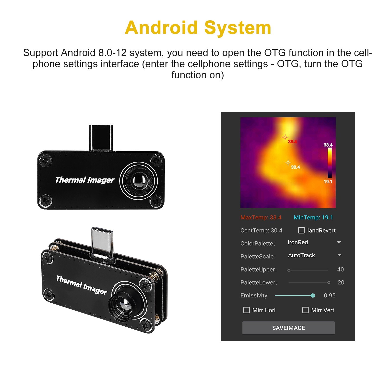 Type-C infrared thermal imager for temperature measurement OTG mobile phone - black. 