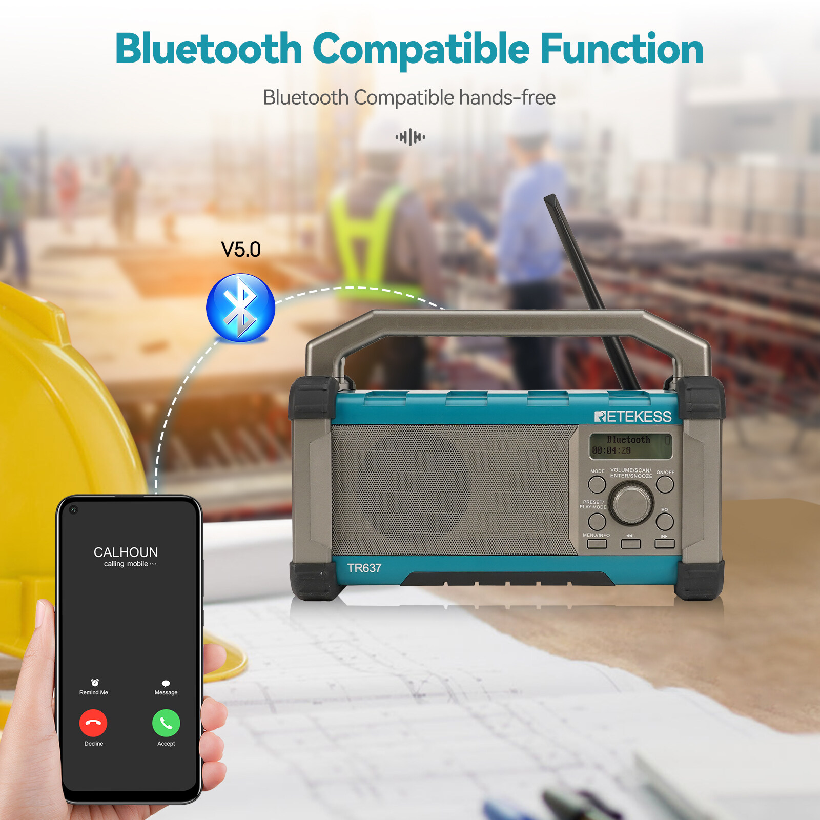 RETEKESS TR637 Jobsite Radio with Bluetooth 5.0 Rechargeable Portable AM/FM Radio with High-power loudspeaker Drop-proof and Dustproof Suitable for Construction or Outdoor Environment. 