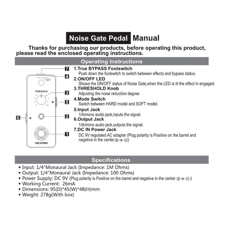 Rowin Noise Gate Guitar Pedal Guitar Effect Noise Reduction Effect for Electric Guitar Hard Soft Modes. 