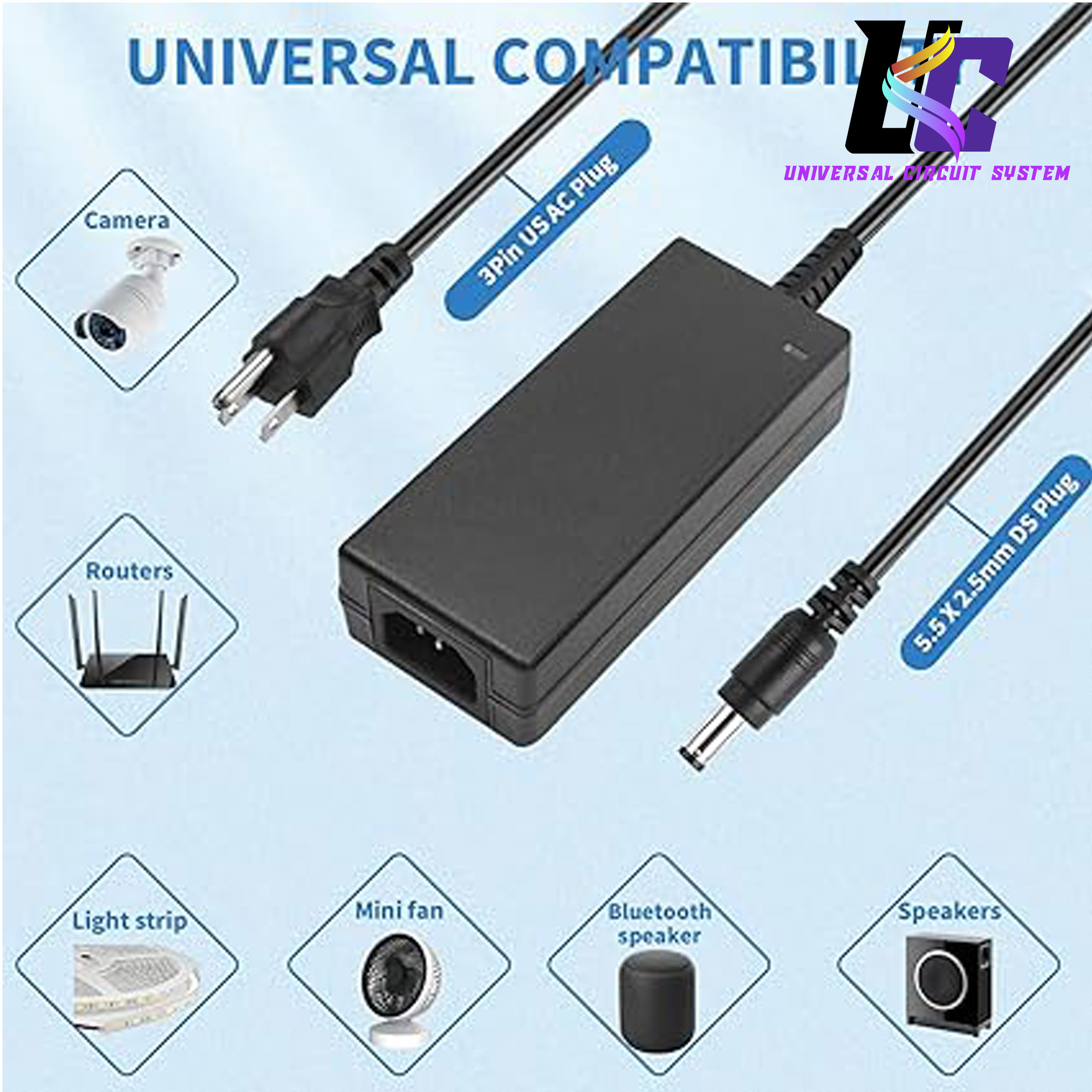 220V to 12V 5A Power Supply Led Strip Light Transformer Input with 5.5x2.1mm 60W AC DC Adapter. 