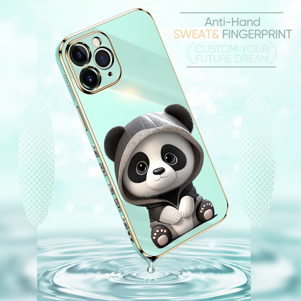 Hontinga for OPPO A76 A36 Back Cover With Free Strap Luxury 6D Plating Cute Panda Side Pattern Case Soft Silicone Square Mobile Cover. 