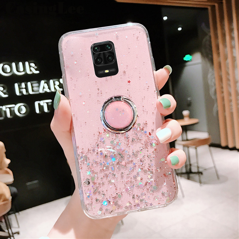 Casinglee for Redmi Note 9 Pro / Redmi Note 9 Pro Max case Shiny Ring Glitter Soft Transparent Holder Stand Back cover with String for Redmi Note9 Pro Max / Redmi Note9 Pro Phone cases cover Stars Moon Girls. 