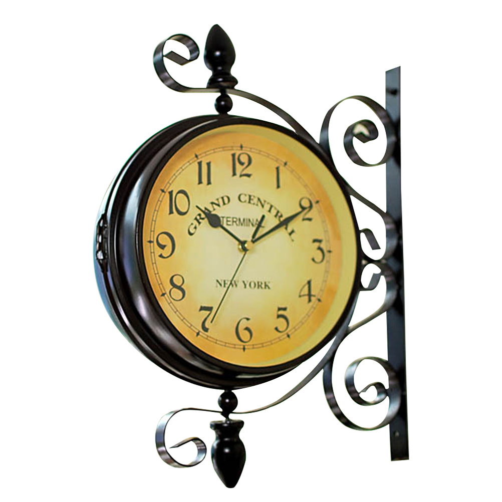 Silent Wall Clock Retro Hanging Clocks Double Sided European Style Train Station Two