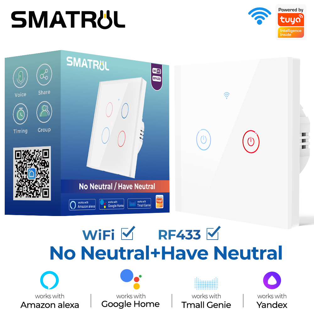 SMATRUL - Smart Wifi Switch - 1/2/3/4 Gang - Wifi Light Switch - RF 433 MHZ - 100V-240V - EU Standard - for Alexa and Google Home. 