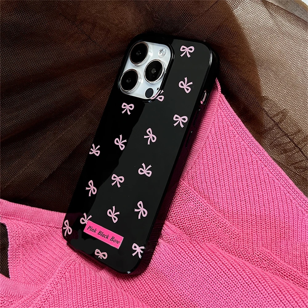 Korean Cute Hot Pink Bow Soft Silicone Case For iPhone 15 14 13 12 11 Pro Max X XR 7 8 Plus Glossy Shockproof Soft Black Cover. 