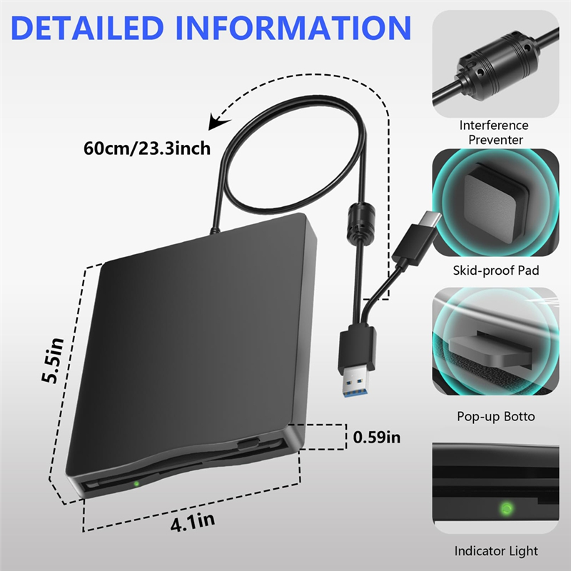Floppy Disk Reader, 3.5 Inch External Floppy Disk Drive with USB Type-C, Portable FDD Floppy Disk Drive for Laptop PC. 