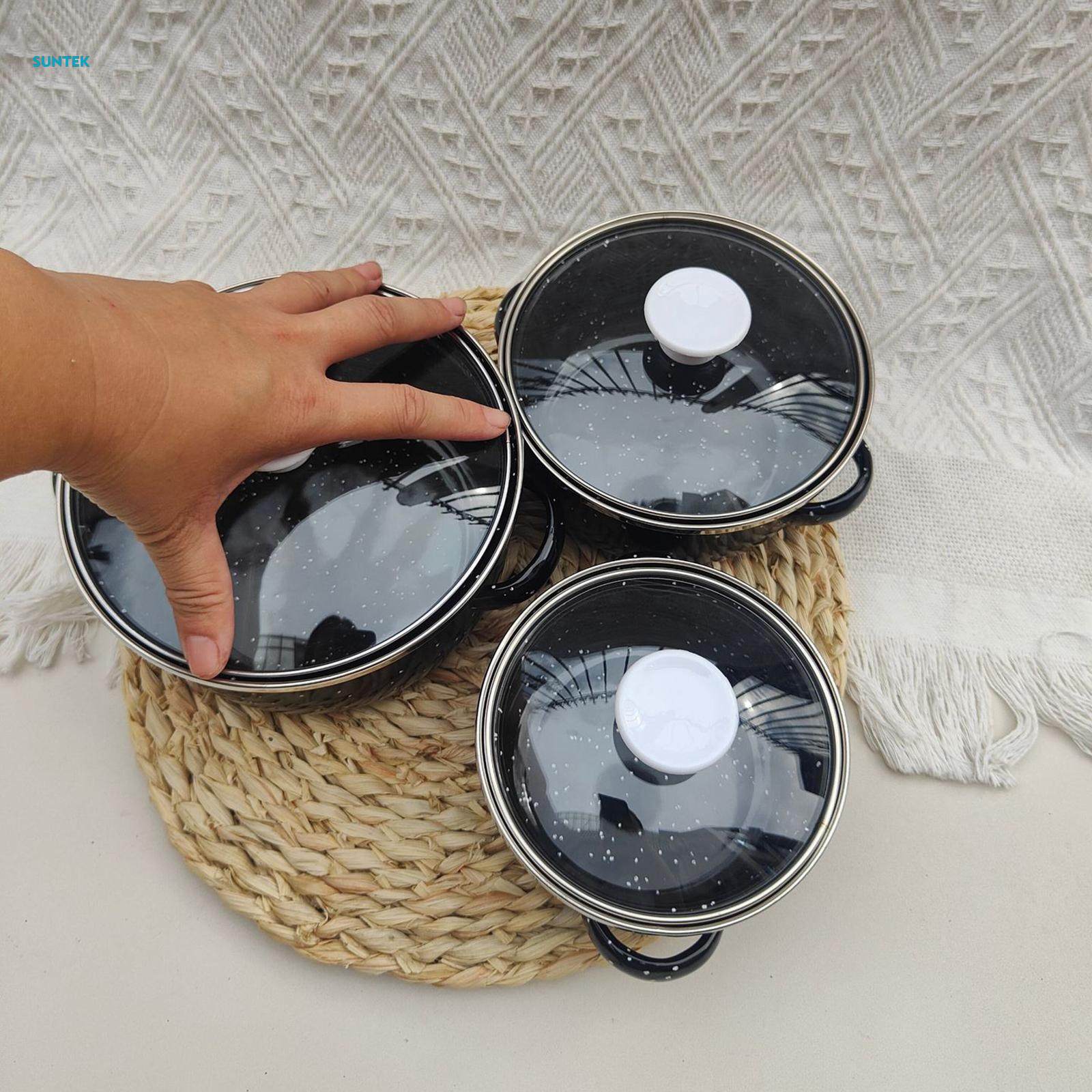 3Pcs Enamel Pot Set Enamel Cookware Set Multifuctional Accessories Double Handle Pot. 
