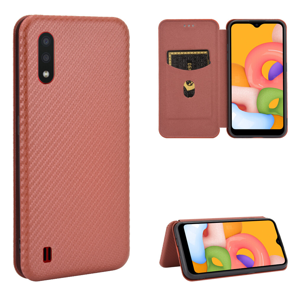 lthmy for Samsung Galaxy A01 Carbon Fiber Magnetic Closure with Card Slot Flip Case Cover