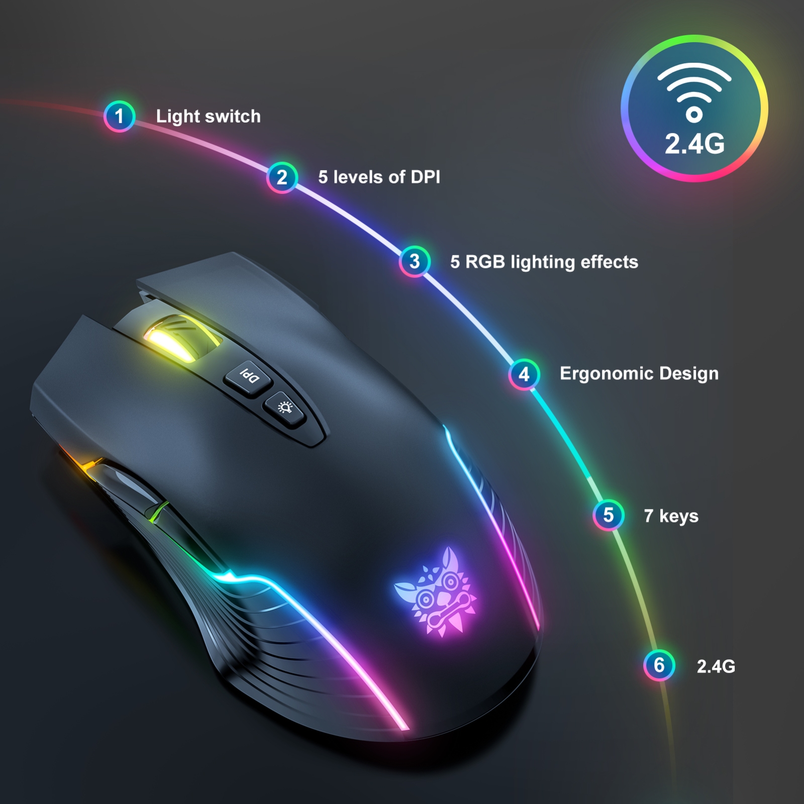 ONIKUMA CW905 2.4G RGB Lighting Wireless Mouse. 