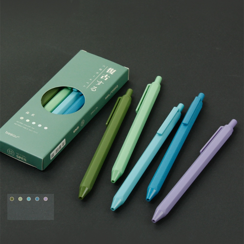 5pcs/box Click Type Hexagonal Ballpoint Pen Retro Color Ink Retractable Gel Pens for Writing Journal Marker Office School Shapewear. 