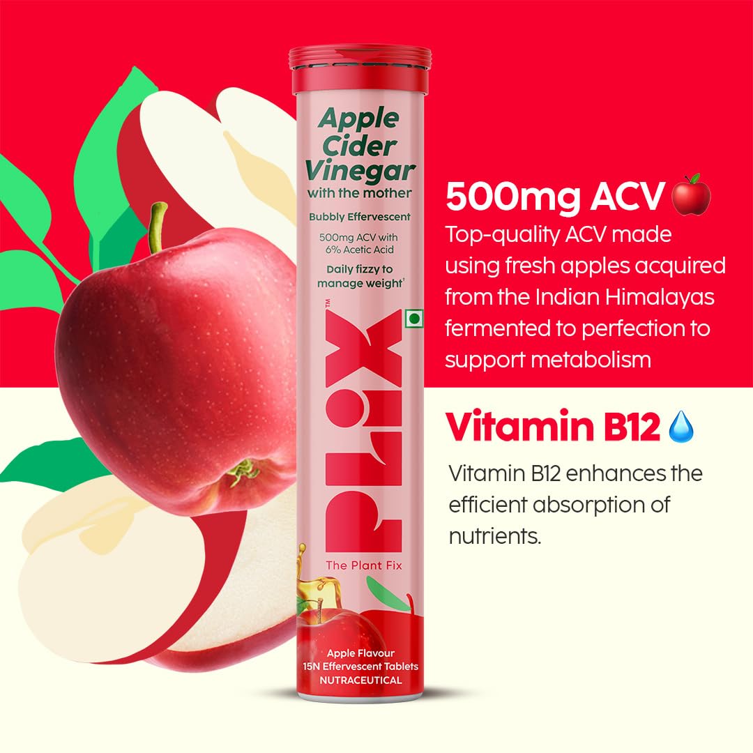 PLIX - THE PLANT FIX Apple Cider Vinegar Effervescent Tablet with mother I with vitamin B6 & B12 | Pack of 1 (Apple), 15 tablets | No added Sugar |Easy to carry & consume. 