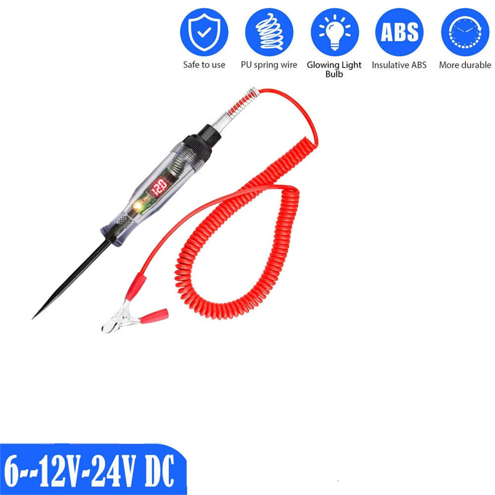Qiunery Car Voltage Test Pen, 6V/12V/24V Auto Electric Tester With Steel Probe, Clip, Fault Testing Tool, 6.8" Pen Length Voltage Continuity Test For Most Cars. 