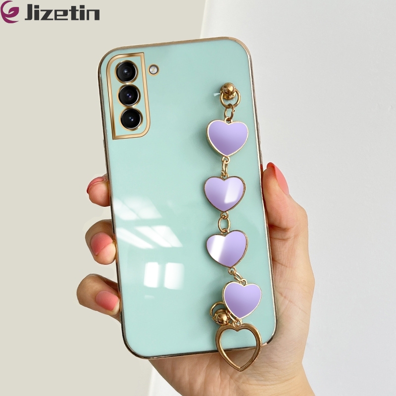 Jizetin for Samsung S21 Plus 5G Back Cover With 3D Love Heart Wristband Chain Luxury Plating Fashion Bracelet Phone Cases