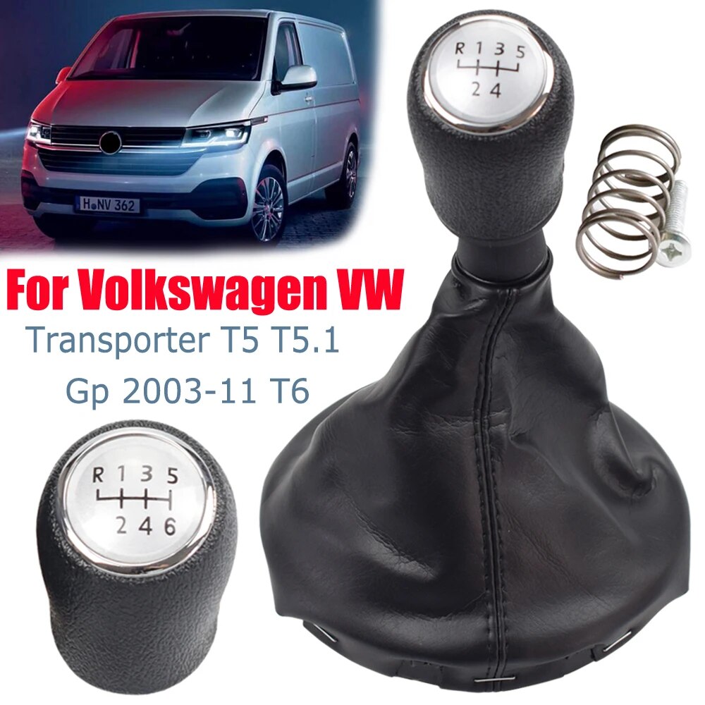 Car Accessories Car Gear Shift Knob Lever With Boots 5 6 Speed Black Panel For Volkswagen VW Transporter T5 T5.1 Gp 2003-11 T6-6 Speed-Silver. 