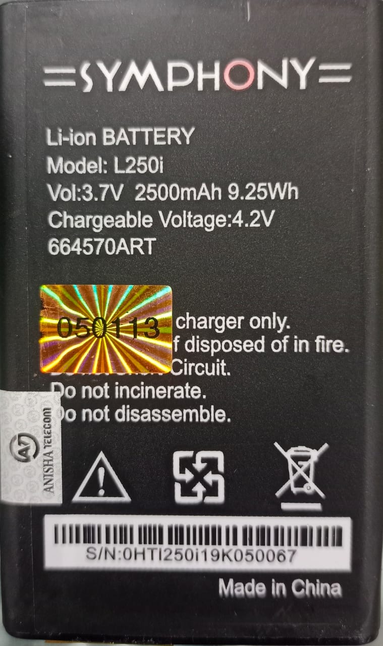 Symphony L250i Mobile Battery 2500 mAh