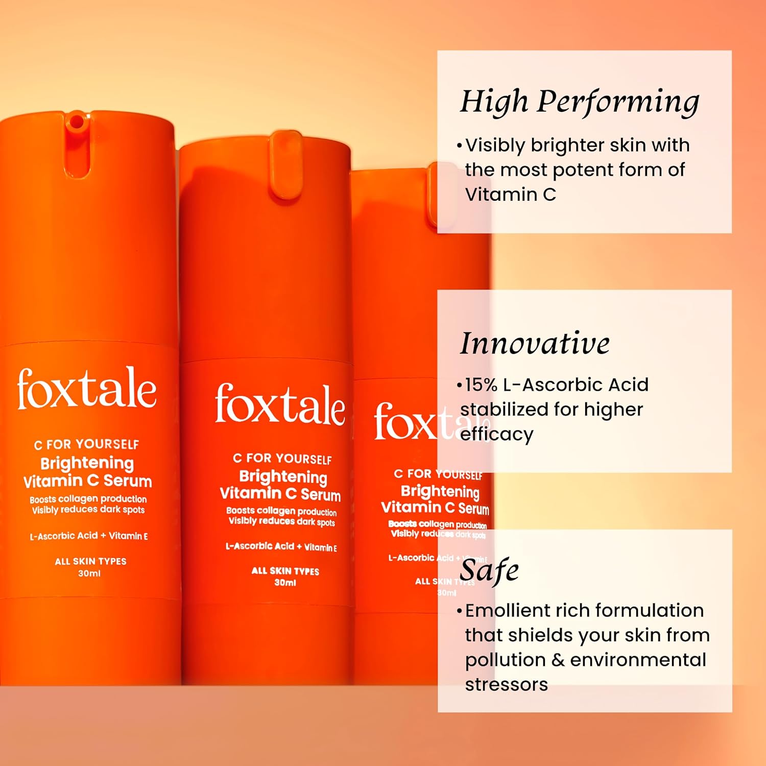 FoxTale 15% Vitamin C Face Serum For Glowing Skin,With Pure L-Ascorbic Acid And Vitamin E,Brightening Serum For Dark Spots,Dull Skin,Uneven Skin Tone,Boosts Collagen Production,All Skin Types,30 Ml. 