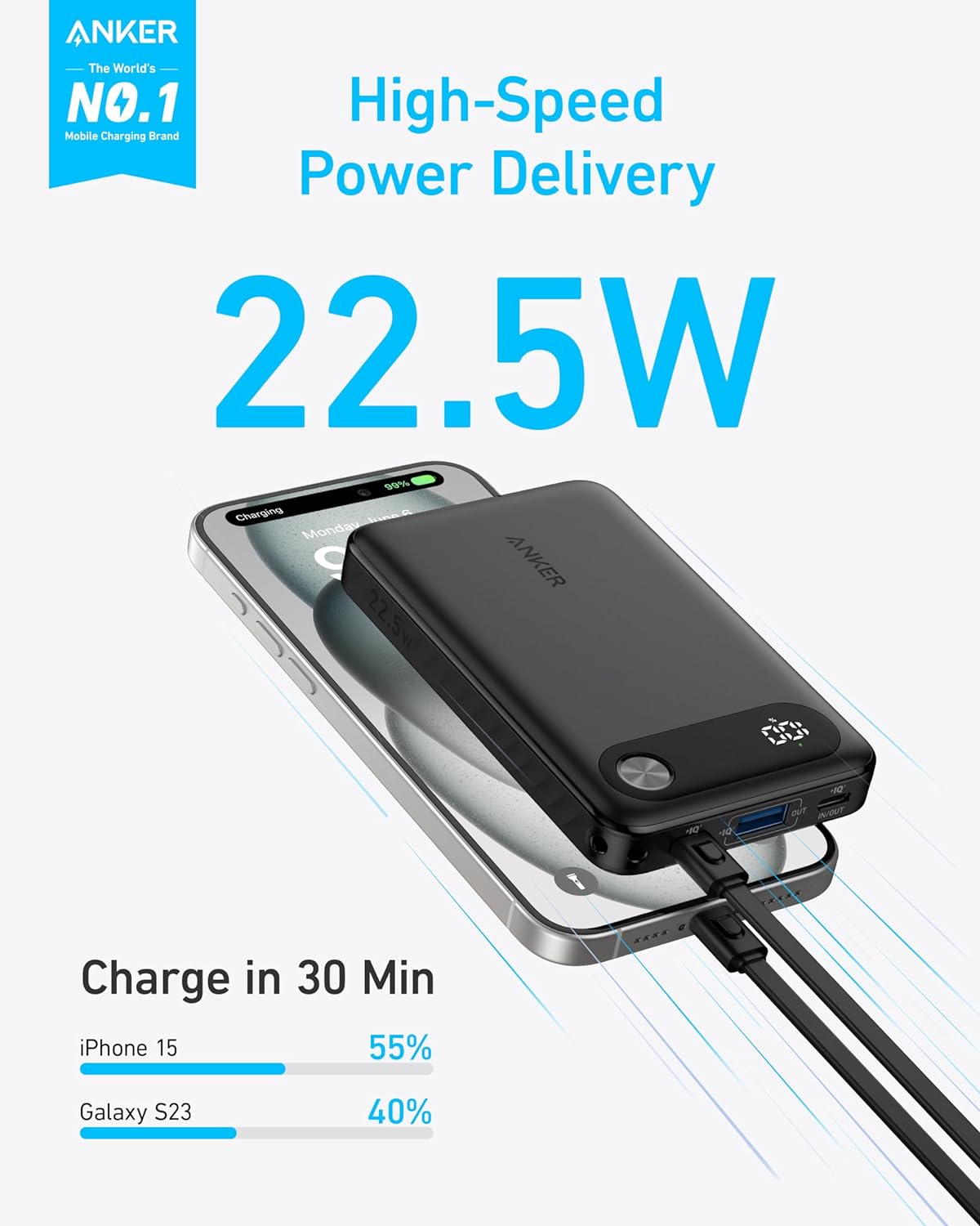 Anker A1257 Power Bank, 10,000mAh Portable Charger with Built-in USB-C Cable and Lanyard, 22.5W Max Output with 2 USB-C and 1 USB-A Port, Battery Pack for iPhone 15/14, Galaxy S23, iPad, AirPods. 
