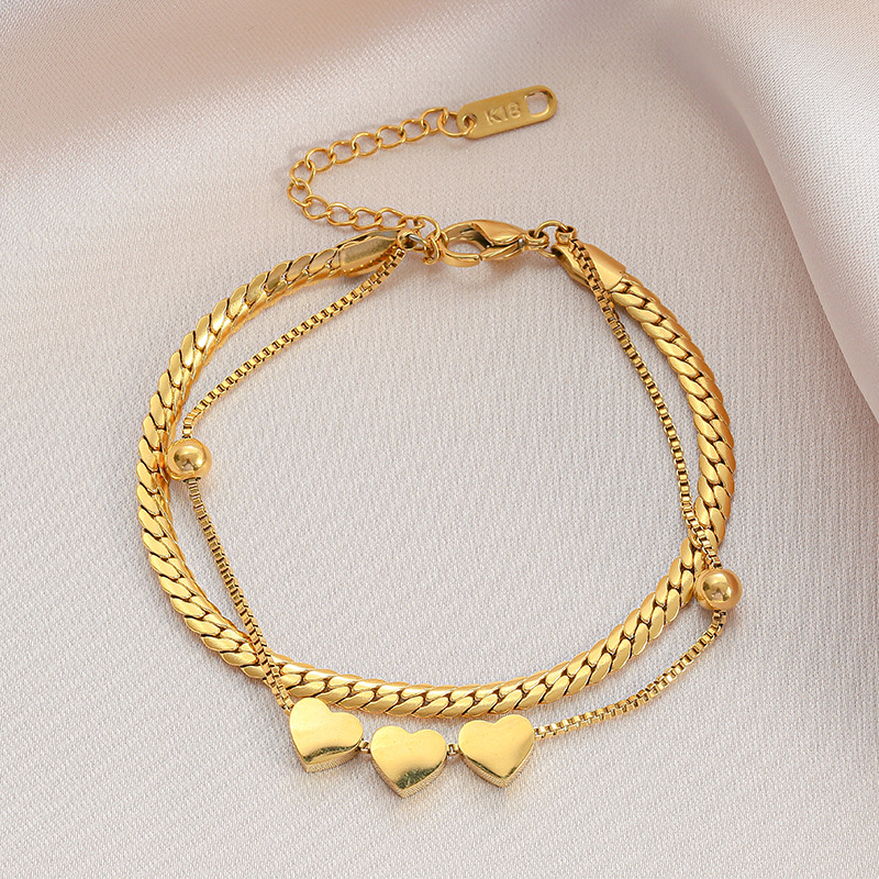 Non Tarnish Gold Plated Stainless Steel Charm Bracelet Minimalist Waterproof Multi-layer Snake Bone Chain Heart Pendant Bracelet. 