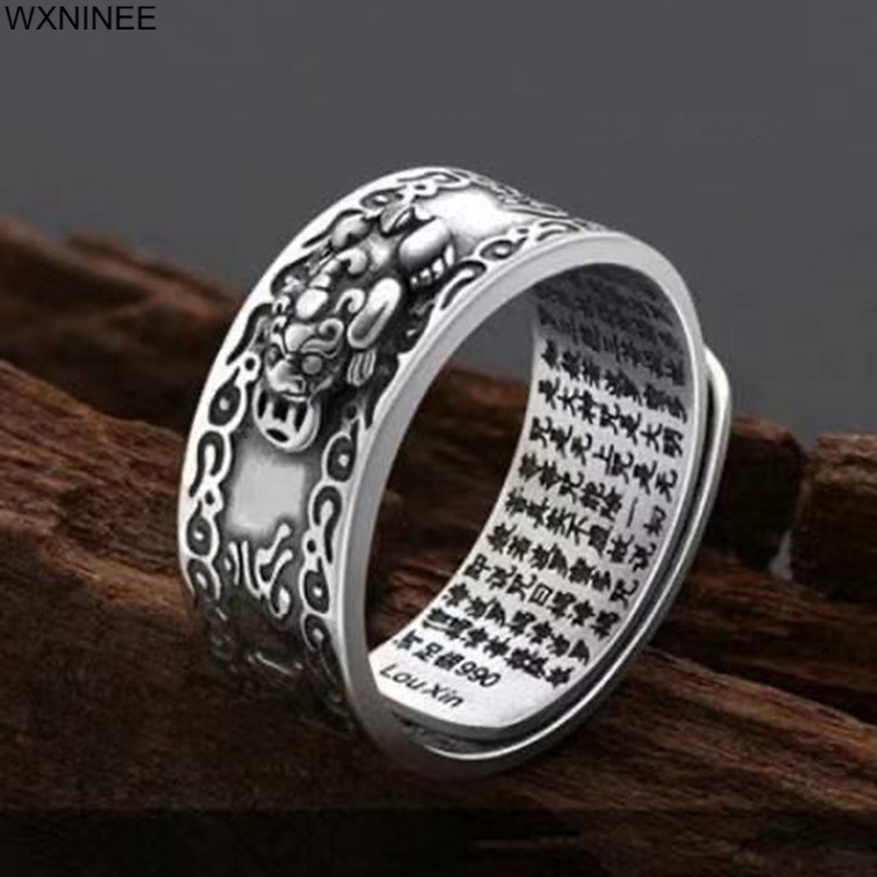 （New）Lucky Feng hui Pixiu Wealth & Protection Ring Buddhit cripture Carving Bleing Ancient Chinee Beat Alloy Open Ring. 