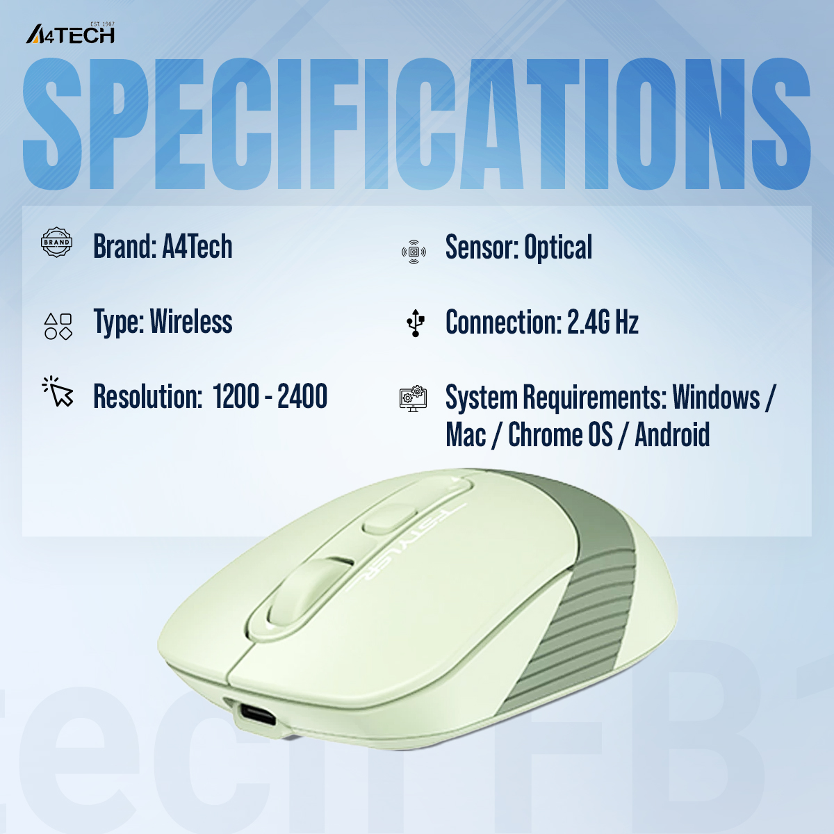 A4tech FB10C Multimode Rechargeable Wireless Mouse - Bluetooth + 2.4G - Connects upto 3 Devices - 1200 to 2400 DPI - Type C Charging - For PC/Laptop/Tablet/Smart TV - Grey/Blue/Green/Pink. 