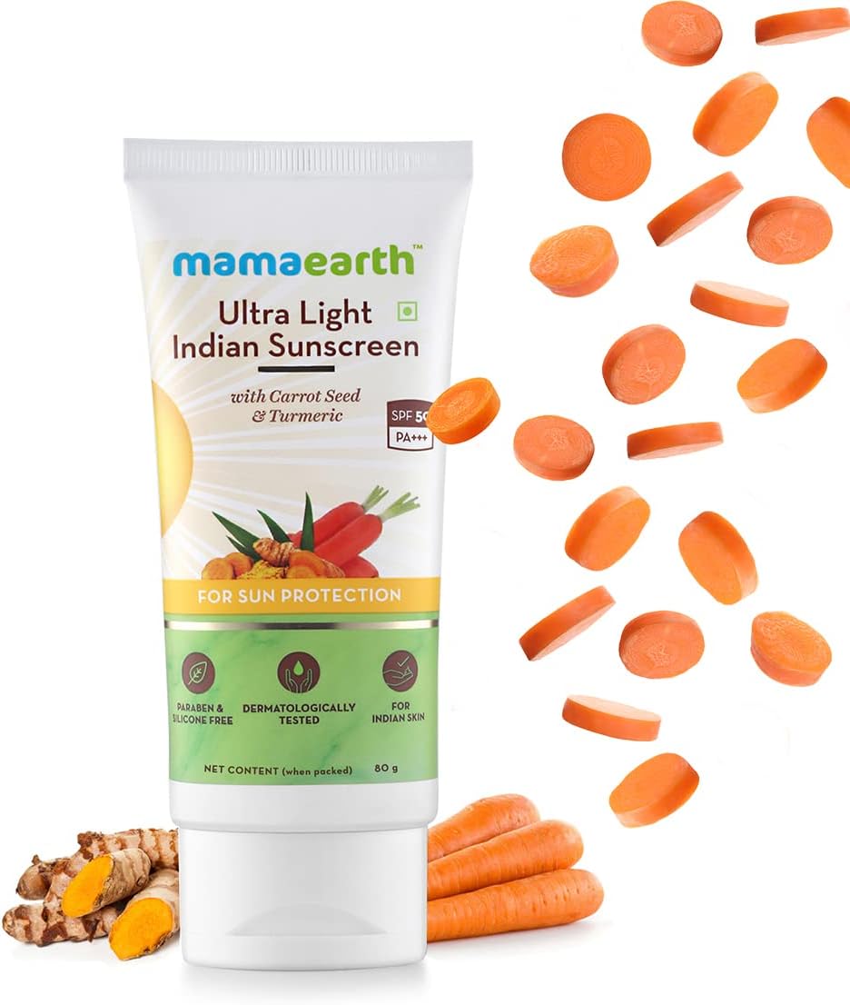 Mamaearth Ultra Light Indian Sunscreen 80ml SPF50 PA+++ with Turmeric and Carrot Seed Oil For Dry | Normal | Oily | Sensitive Skin Broad Spectrum Moisturizing UVA/UVB. 