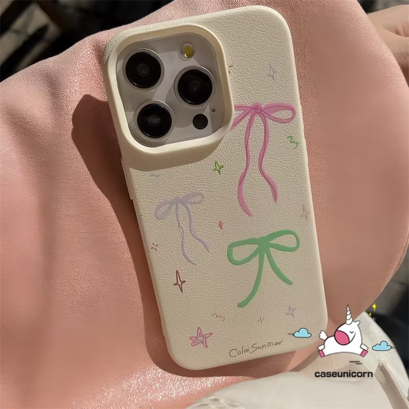 Cartoon Retro Colorful Bow Case Compatible for IPhone 15 12 13 11 14 16 Pro Max XR X 15 14 16 Plus XS Max Creative Cute Graffiti Painting Luxury Leather Texture Skin Feel Soft Case. 