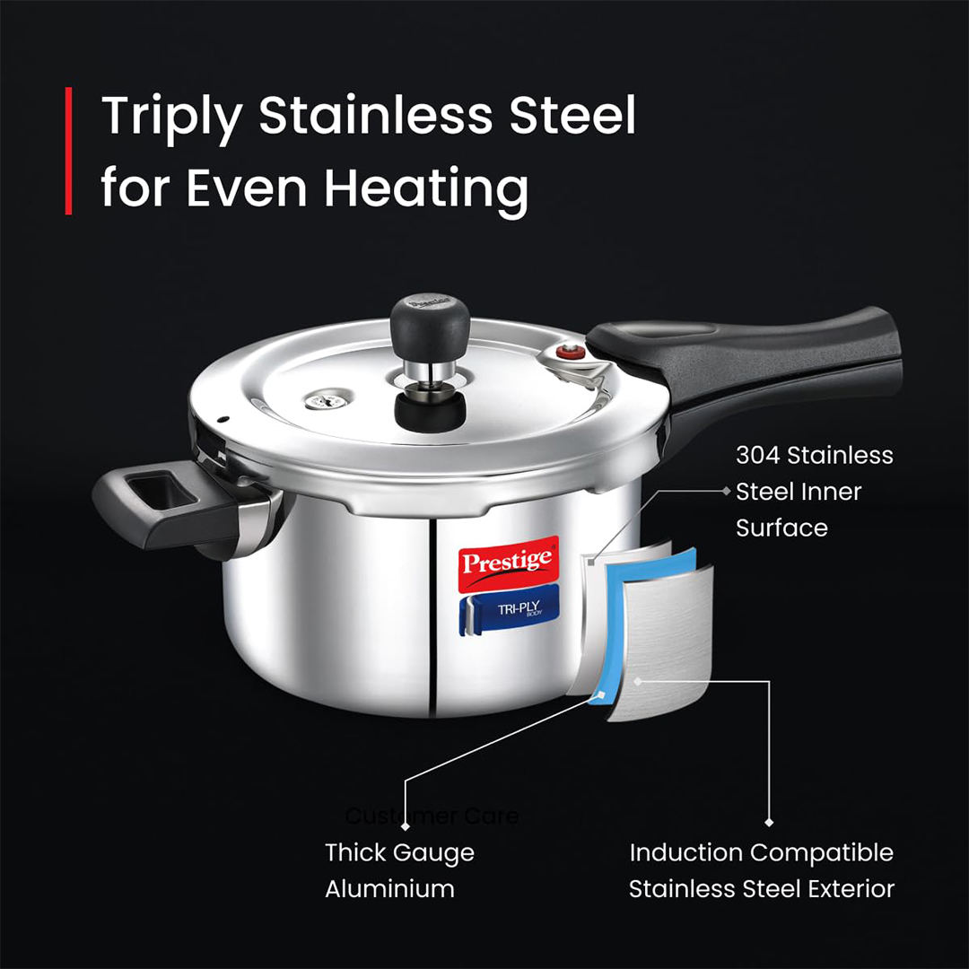 Prestige Triply Outer Lid Induction Compatible Pressure Cooker |Silver | Deep Lid Spillage Control | Even heat distribution-6Ltrs. 