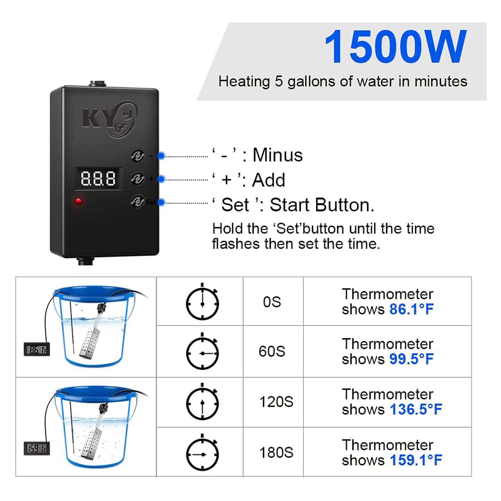 Immersion Water Heater 2500W Electric Bucket Heater with Timer Auto Shut Off Hot Tub Heater for Home Winter EU Plug. 