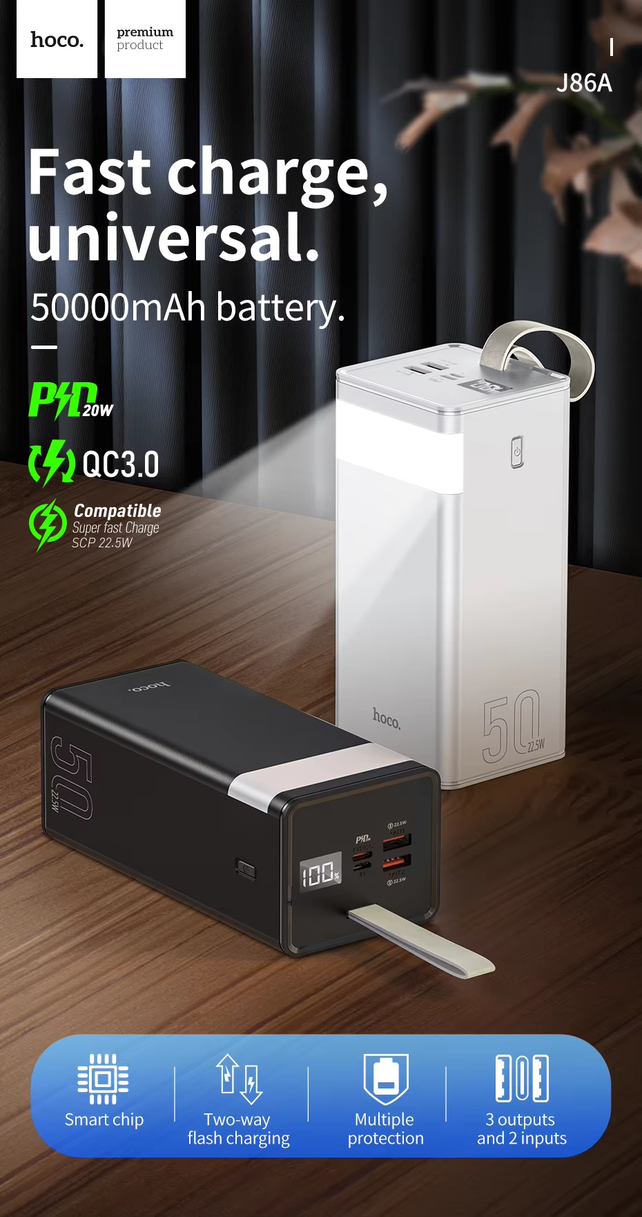 HOCO J86A 50000mAh Portable Cell Phone Battery 22.5W Fast Charging Power Bank. 