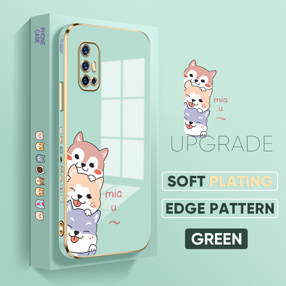 Jizetin (Free Lanyard) for Vivo V17 / V19 Neo Back Cover Three Cuties Playing Stack High Luxury 6D Plating Case Side Pattern Soft Silicone Square Phone Cases