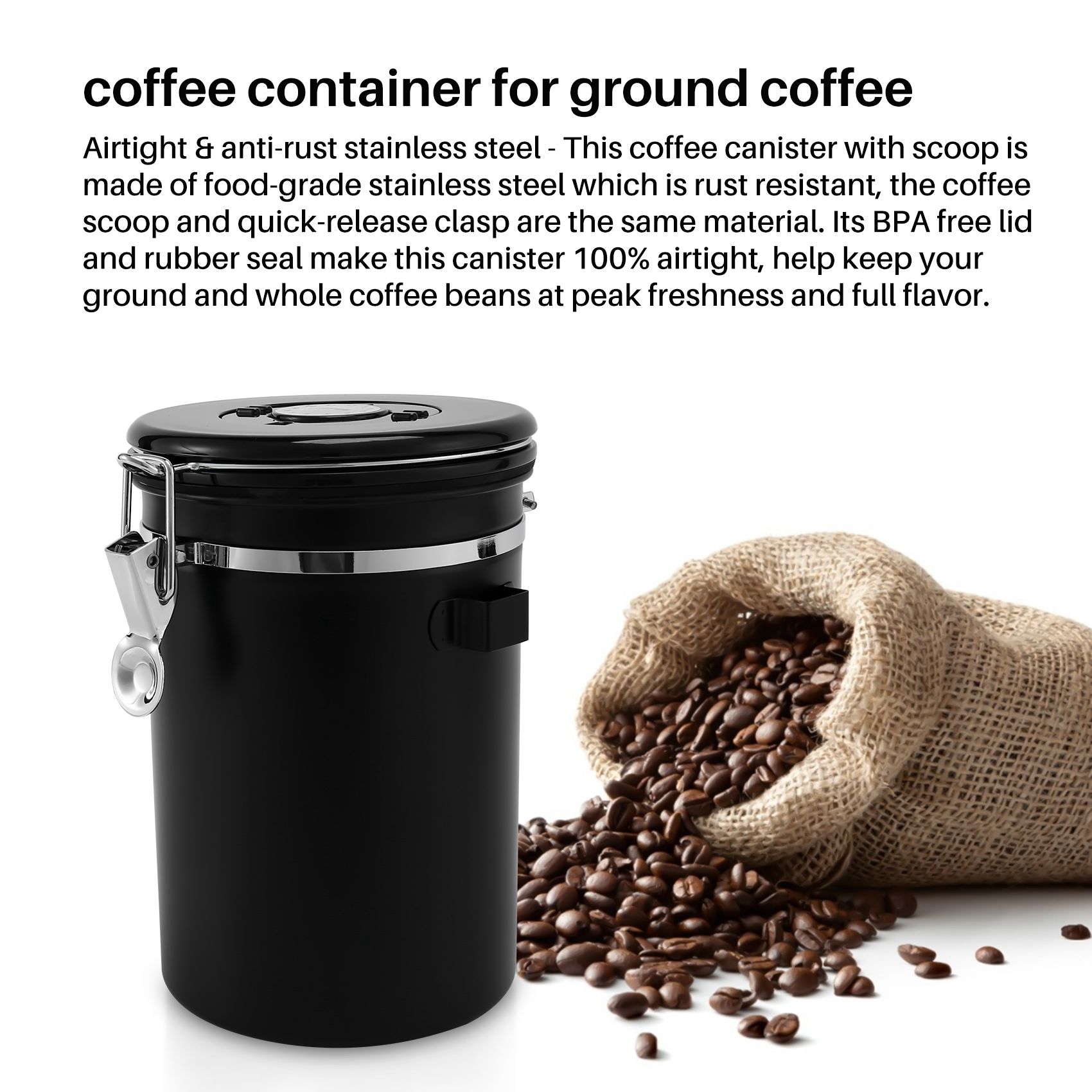 Stainless Steel Airtight Coffee Bean Storage Container with Scoop. 