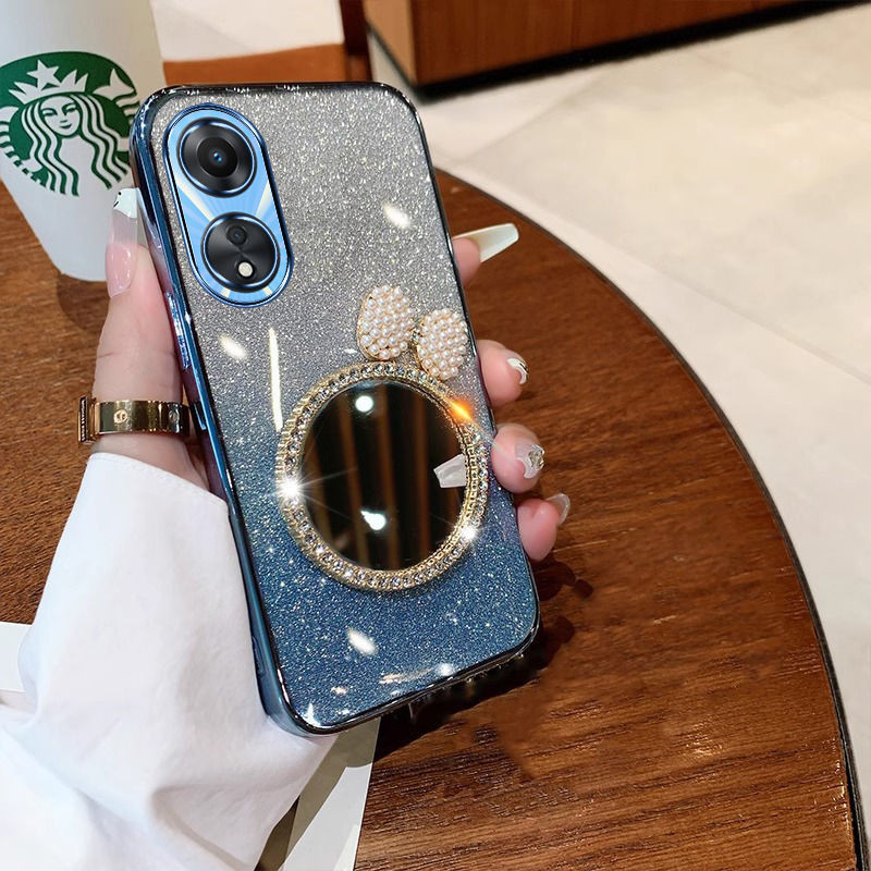 New Phone case OPPO Reno8 T 4G Reno8 T 5G Back Cover with Bow Makeup Mirror Luxury Shiny Gradient Plating Glitter Girls Slim Phone cases Transparent Soft Silicone Protective Pouch