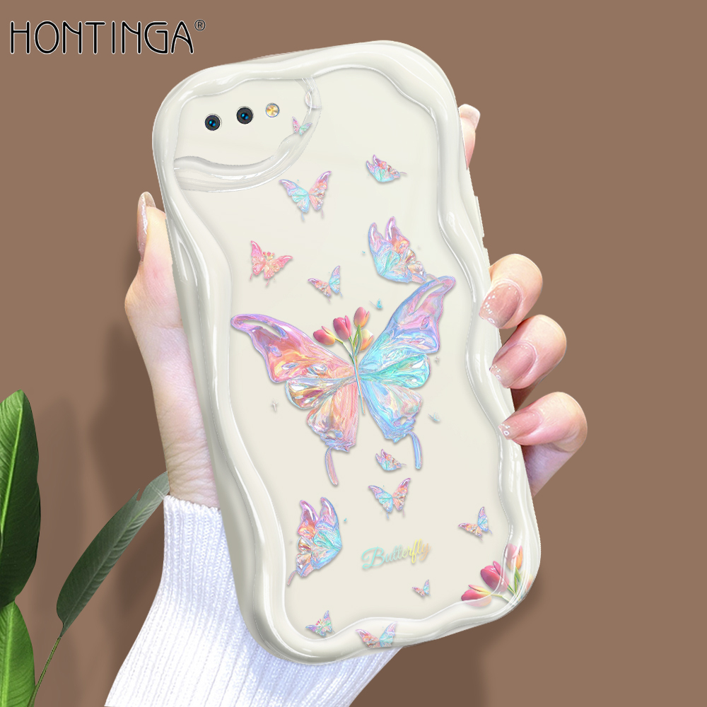 Hontinga for Realme C2 Back Cover Colorful Butterfly Phone Case Cream Texture Wavy Edge Soft Mobile Cover